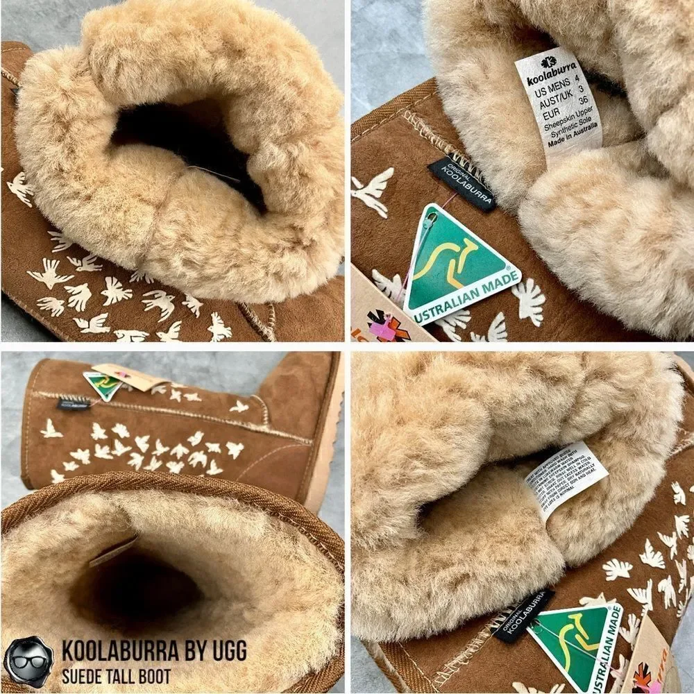 UGG KOOLABURRA PEACE TALL BOOTS CHESTNUT SUEDE SHEEPSKIN FLYING BIRDS DOVE FLOCK